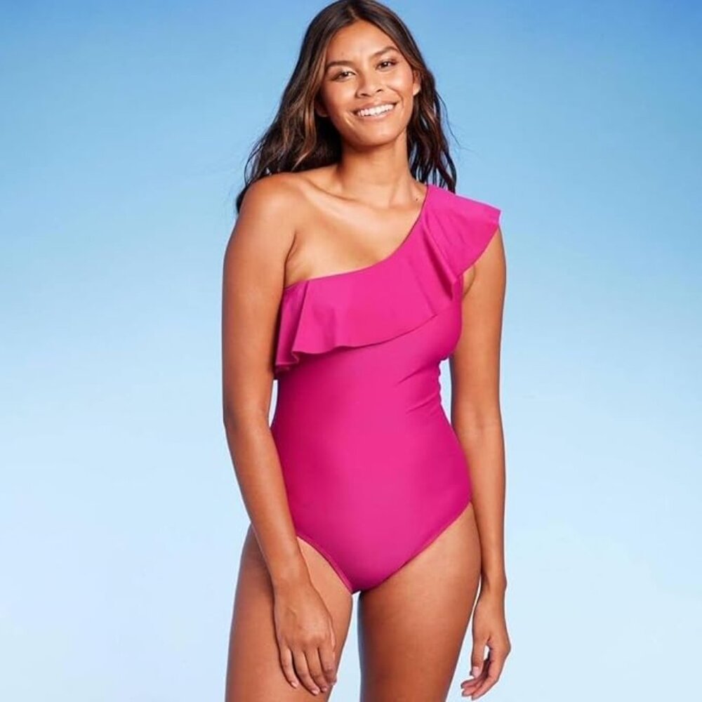 KONA SOL Women's Ruffle One Shoulder Full Coverage One Piece Swimsuit Pink L - Picture 9 of 10